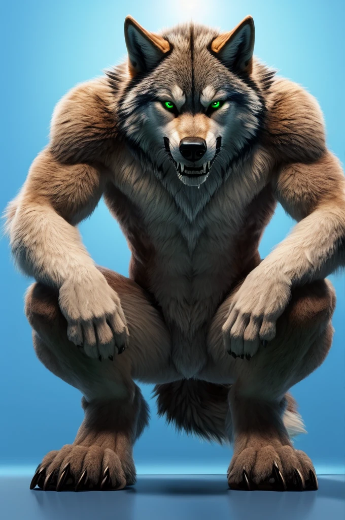 Perspective from below wolf naked male furry legs apart looking down blue background squat pose green eyes serious look claws on knees fluffy tail scars growling salivating