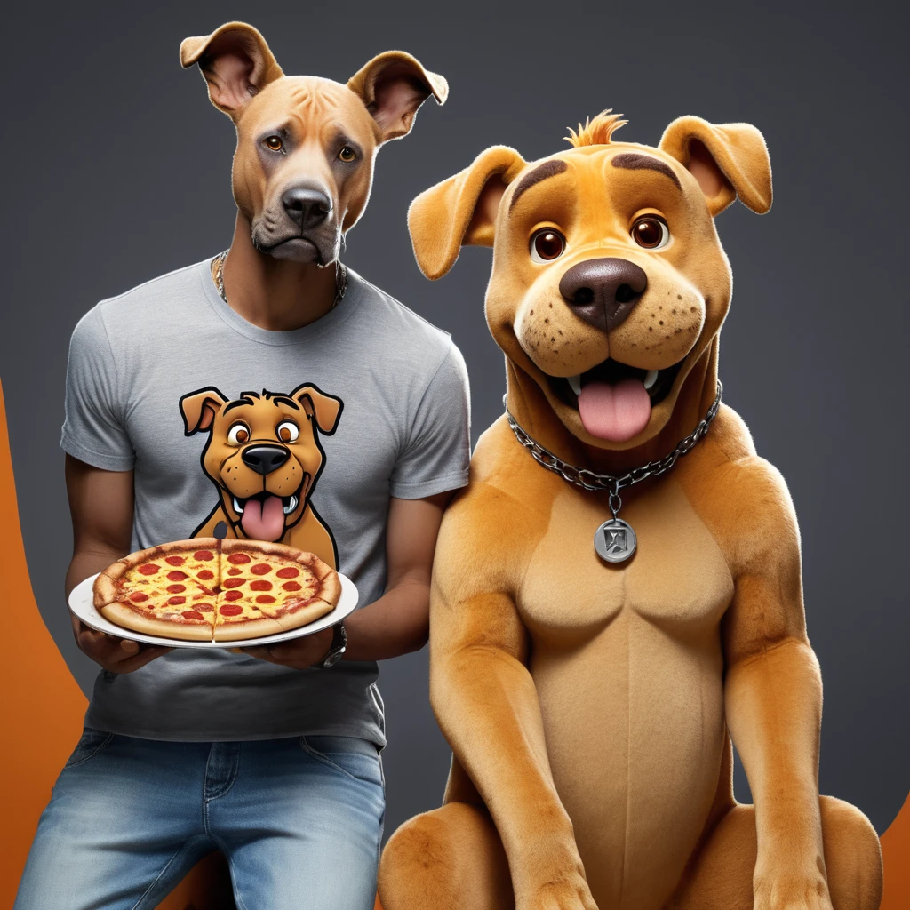  characters. cartoon realistic art-style, | with a Shaggy’s_FACE “In the body From Freddy” is a brown animatronic bear and the star attraction of the original Freddy Fazbear's Pizza) separately illustrated next to him sits (((great dane “Scooby-Doo”))). (Dark gray urban decay background ), ((more detail, enhanced_art-style)). 32k