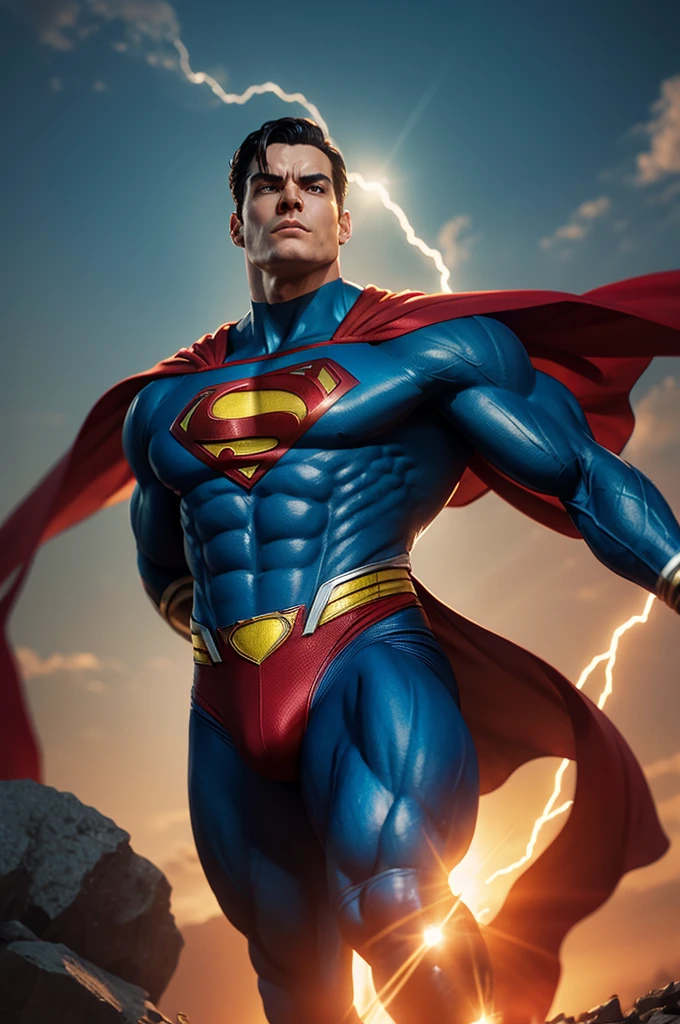 Create a muscular alien hero like Superman saving the earth