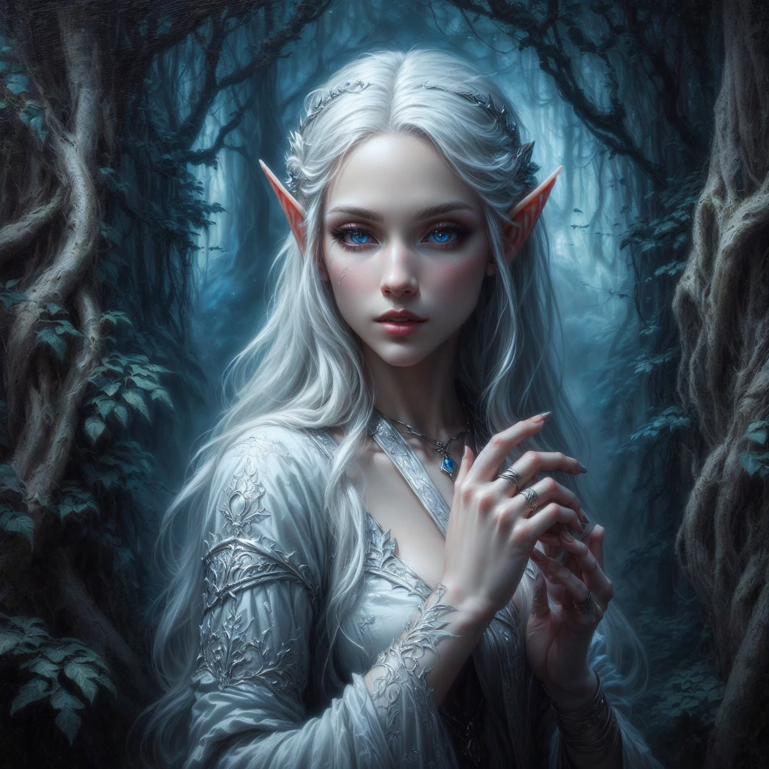 Arafed picture of a woman with white hair and elf makeup, detailed matte fantasy portrait, detailed fantasy art, hyper-realistic fantasy art, 4k fantasy art, realistic fantasy painting, Realistic fantasy artwork, Fantasy Portrait Art, im Stil von Anne Stokes, Portrait of a very beautiful elf, Portrait of an elf queen, Portrait of an elf, of an elden ring elf