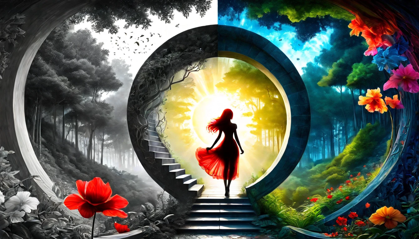 hdr, 12k, A masterpiece. The artwork captures the striking silhouette of a beautiful woman, red hair, composed, staircase that leads to a portal, magical to another dimension, the universe is inside the portal. Mysterious forest forests, the artist's imaginative vision create an otherworldly atmosphere. Seine realistic, sharp, colorful flowers