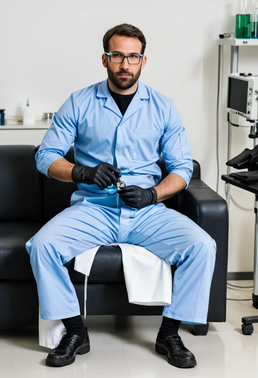 RAW photo, full body, a 35-year-old man, ((dressed as a Lab Technician)), is sitting on a guest sofa, looking towards the audience, wearing shoes, with both hands forward on his knees, straight forward position, wearing laboratory gloves, laboratory glasses, holding laboratory tools in his hands,