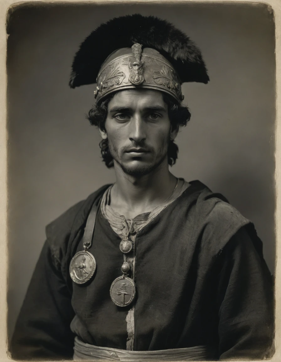 by Moebius, by Théodore Géricault, ((((Rough monochrome, daguerreotype on old paper)))), the composition is: (((a young male Roman legionary, sullen, facing viewer. He is wearing a fur hat. Bare torso. He is wearing a black Mughal caftan with Praetorian elements, sashes, medals, Hellenistic pendants))), more detail XL.