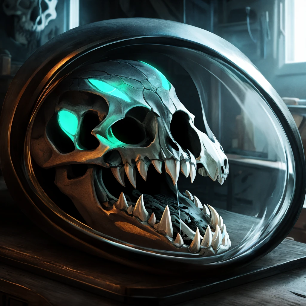 Dark and gloomy, smooth glass skull of a monster cat, transparent, skull bioluminescence, lying on a workshop table, close-up, toothy mouth, emphasis on sharp teeth, subtle glow, moody lighting, detailed reflections, shadowy surroundings
