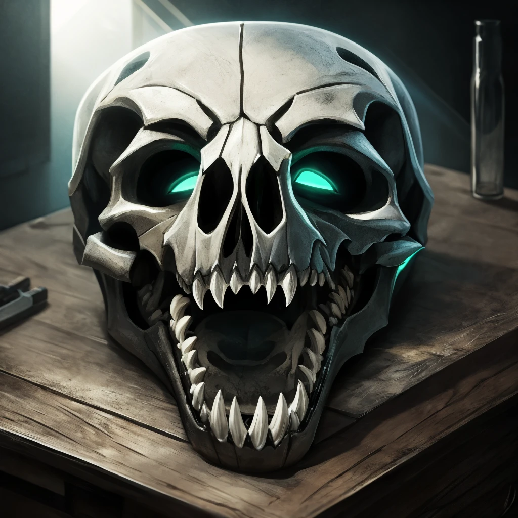 Dark and gloomy, smooth glass skull of a monster cat, transparent, skull bioluminescence, lying on a workshop table, close-up, toothy mouth, emphasis on sharp teeth, subtle glow, moody lighting, detailed reflections, shadowy surroundings