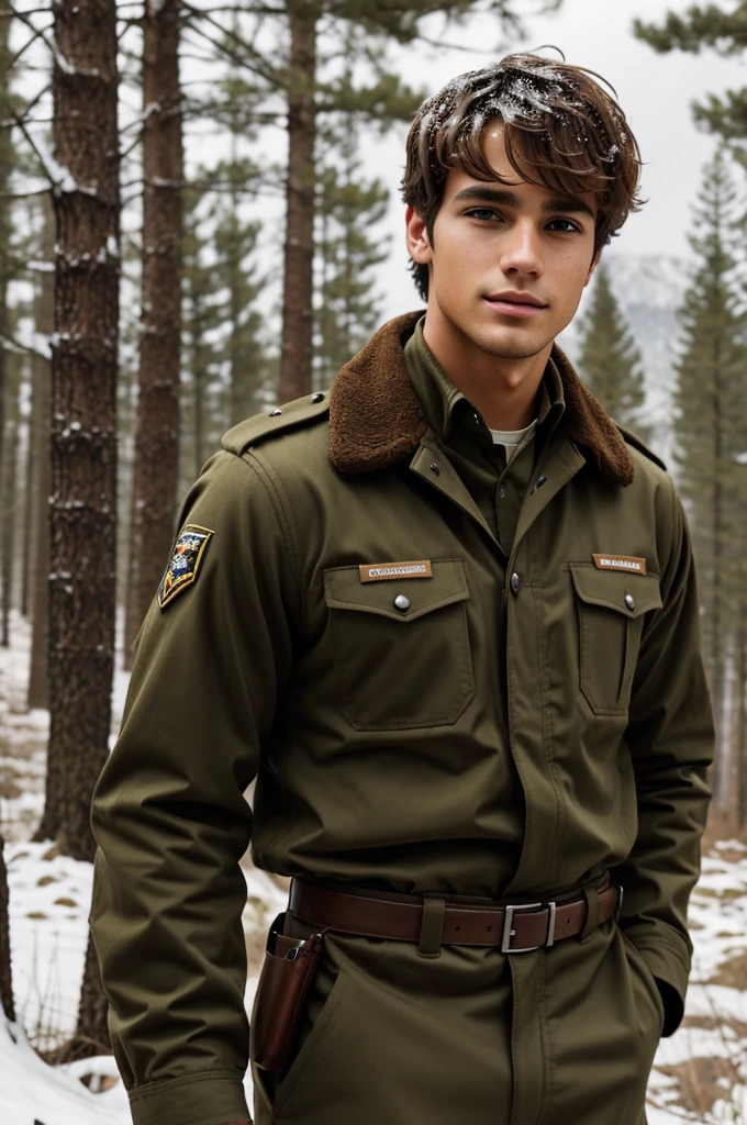 Young man, about 20 something. Somewhat messy brown hair, almond eyes and olive complexion. Uniformed ranger, in the middle of the snowy forest.