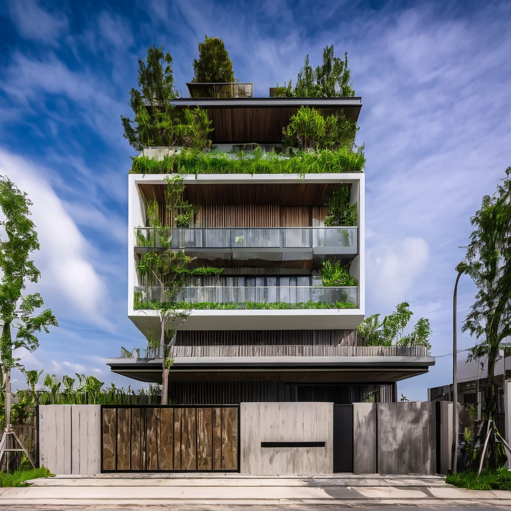 Raw photo of modern architecture,  house, Fujifilm XT3, full Shot, high quality,  best quality,  authentic, super detail, 8k uhd, indoors, dark tone,daylight, sky, tree, grass, natural stone,