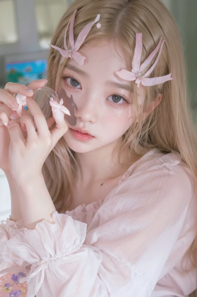 Light pink hair, pink eyes, pink and white, sakura leafs, vivid colors, white dress, paint splash, simple background, ray tracing, wavy hair