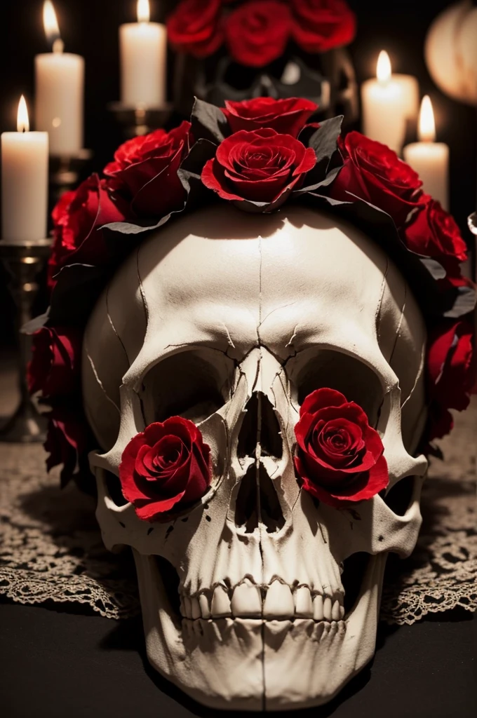 A skull with black candles running wax down its shadowy skull, with red roses and red carnations