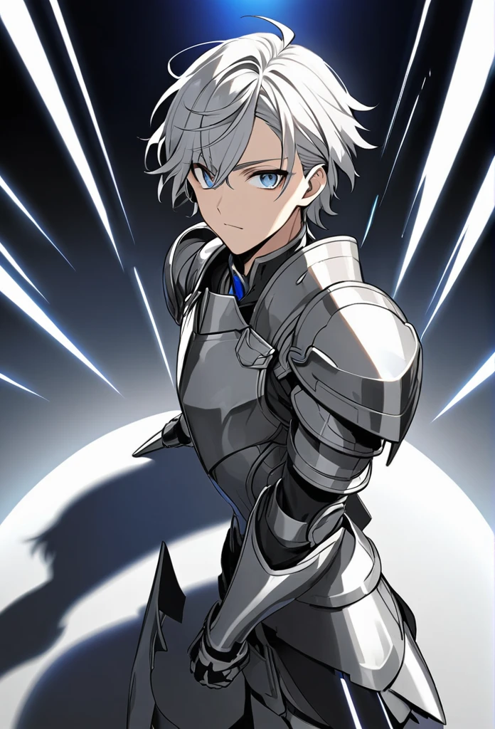 Young man with silver hair and silver eyes, wearing strong dark gray silver armor, with silver boots, with an electric shadow of silver, blue rays behind him