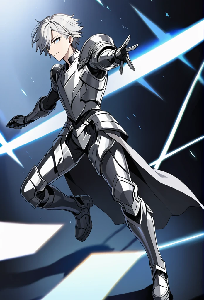 Young man with silver hair and silver eyes, wearing strong dark gray silver armor, with silver boots, with an electric shadow of silver, blue rays behind him