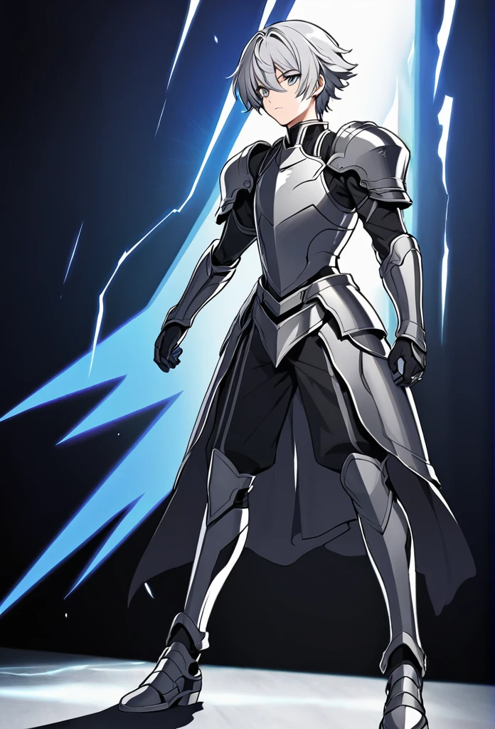 Young man with silver hair and silver eyes, wearing strong dark gray silver armor, with silver boots, with an electric shadow of silver, blue rays behind him