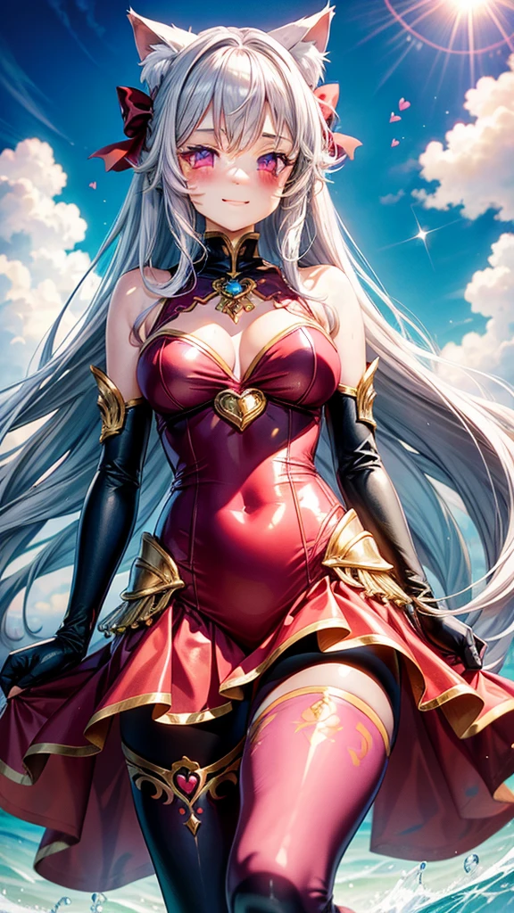 Silver hair, pink eyes, woman, sun and cloud background, red and gold clothes, hair bows, happy face, mermaid outfit, sexy, cat ears, hearts, floating hearts, thigh up, thigh high tights