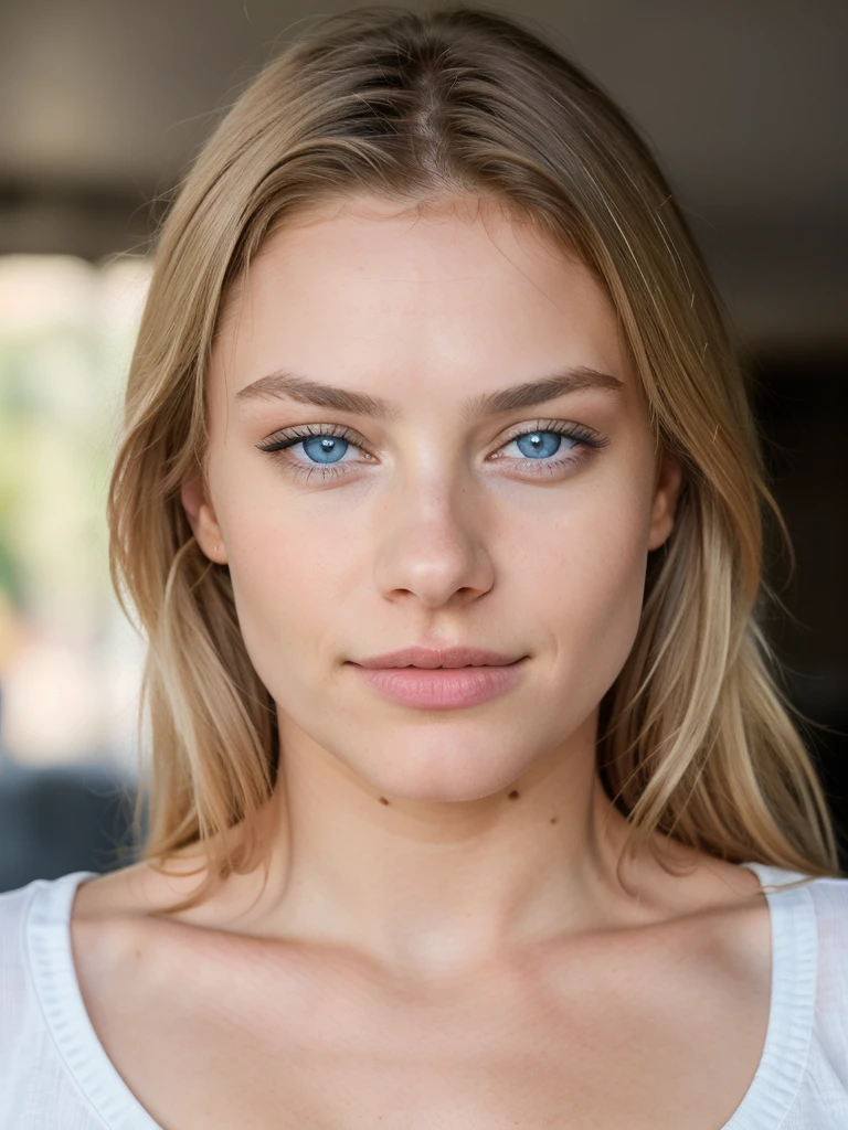 18 years old blonde girl, intense blue eyes, wearing t-shirt,nice cleavage, belly exposed, High resolution, Masterpiece, Best quality, Intricate details, highly detailed, sharp focus, detailed skin, realistic skin texture, texture, detailed eyes, professional, 4K, charming smile, shot on Canon, 85mm, shallow depth of field, Kodak Vision color, perfect fit body, Extremely detailed, photographed_\(ultra\), photorealistic, Realistic, Post-processing, Maximum details, roughness, real life, ultra realist, photorealism, photography, 8K UHD, photography.