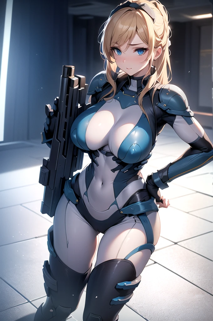 Masterpiece, 8k, high quality of (beautiful) (Star boat_new), (Starship), (detailed face), Maximum details, (Diffused lighting), (cinematographic:1.2), (ISO 100:1), (sexy), (standing), (battlefield), (Gigantic chest), (very tight suit) (Blue eyes) (breastplate) (Kneepads) (holding the gun) (hand on hip)