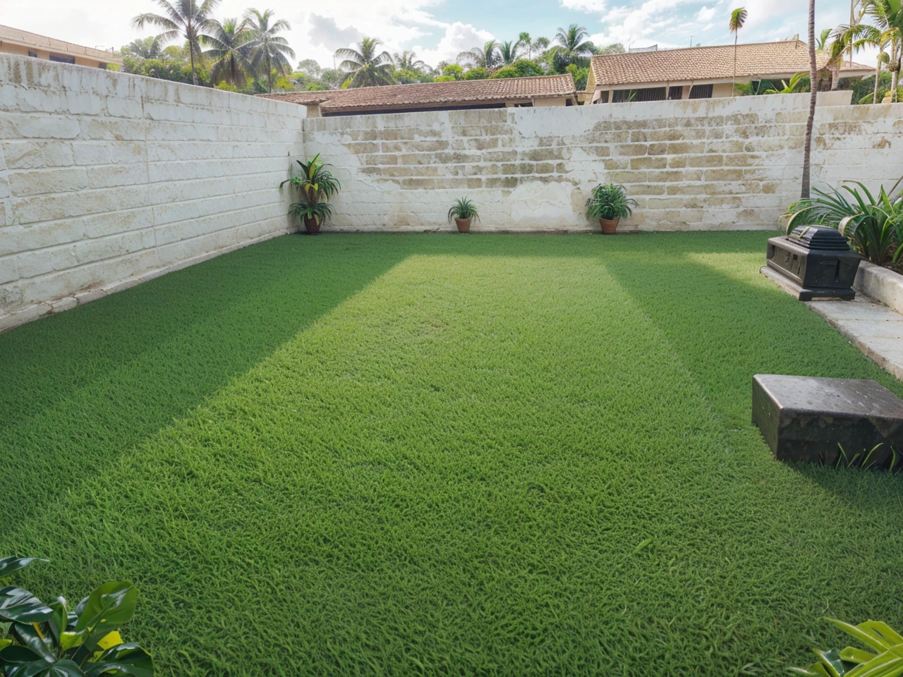 Replace all the grass by tropical garden with detailed palm trees, banana trees, uniform white painted walls, lush foliage, intricate details, photorealistic, masterpiece, 4k, ultra-detailed, highly realistic, dramatic lighting, vivid colors, cinematic composition