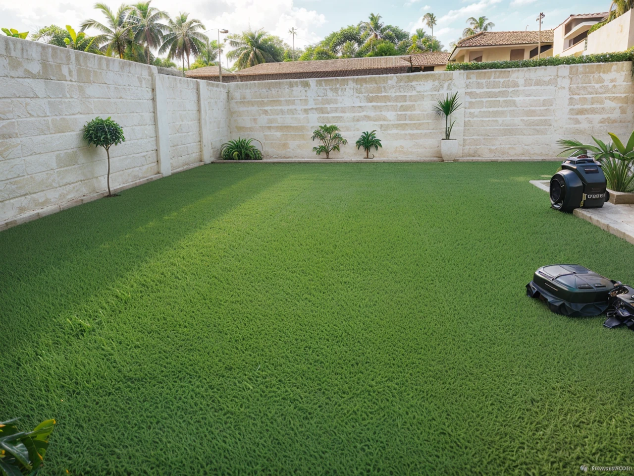 Replace all the grass by tropical garden with detailed palm trees, banana trees, uniform white painted walls, lush foliage, intricate details, photorealistic, masterpiece, 4k, ultra-detailed, highly realistic, dramatic lighting, vivid colors, cinematic composition