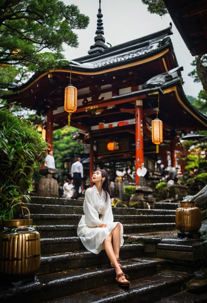 A low angle full body shot of a Japanese woman sitting on the steps leading to a shrine, wearing a white blouse and black skirt, surrounded by lush greenery and traditional lanterns, the scene detailed with raindrops falling and pooling on the steps, creating a serene and reflective atmosphere, during a gentle rainfall in the late afternoon, shot with a Nikon Z7 II, 50mm f/1.4 lens, natural color palette with rich greens and subtle grey tones
