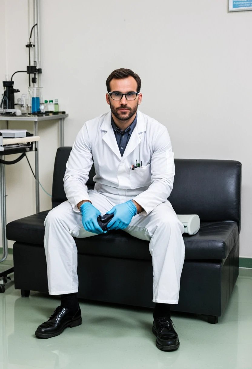 RAW photo, full body, a 35-year-old man, ((dressed as a lab technician)), is sitting on a guest sofa, looking towards the audience, wearing shoes, with both hands forward on his knees, straight forward position, wearing laboratory gloves, laboratory glasses, holding laboratory tools in his hands,