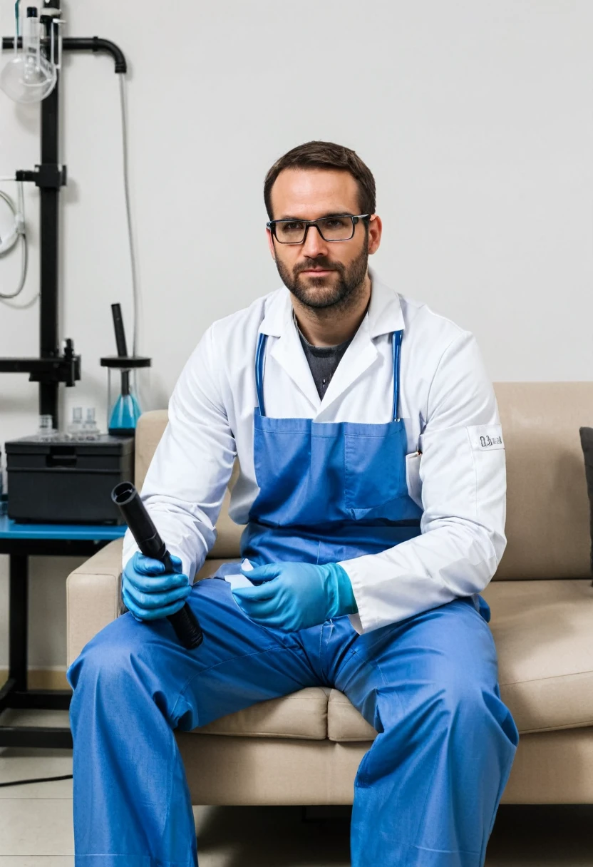 RAW photo, full body, a 35-year-old man, ((dressed as a Lab Technician)), is sitting on a guest sofa, looking towards the audience, wearing shoes, with both hands forward on his knees, straight forward position, wearing laboratory gloves, laboratory glasses, holding laboratory tools in his hands, 