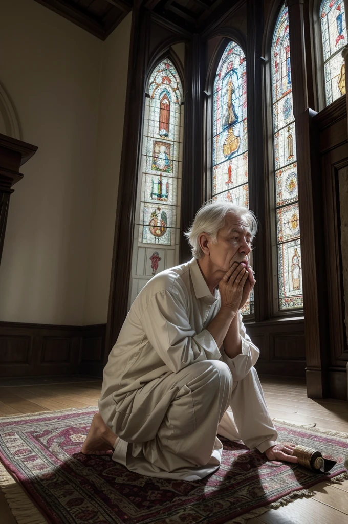central figure: An elderly gentleman, with gray hair, bent knees, and hands joined in prayer.
Facial expression: A serene countenance, eyes closed or looking up, maybe with tears in your eyes.
Clothing: Simple and traditional clothing, possibly a long-sleeved shirt and pants, with or without shoes.
enviroment: It could be a church, a simple room, a garden or other quiet, peaceful place.
lighting: Soft, diffused light, possibly with a ray of light focused on you, suggesting an atmosphere of peace and introspection.
religious elements: A crucifix, an open bible, or candles lit around.
background details: A simple wall, perhaps with a religious painting or a window that lets in natural light.
Accessories: A rosary in hand or close to it, or a prayer rug on the floor.
stance: Body slightly tilted forward, em uma postura de humildade e Devotion.
Transmitted Emotion: Feeling of faith, Devotion, and search for spiritual comfort.