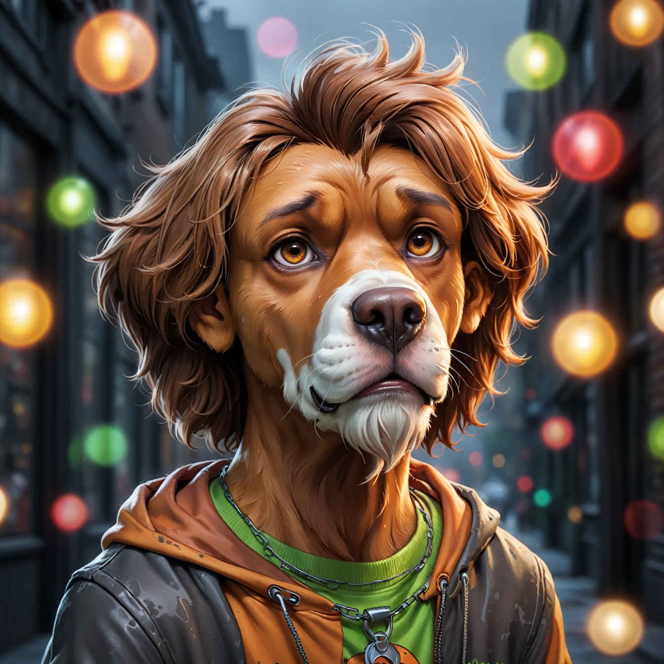 a cartoon realistic art-style shaggy's face, brown animatronic bear from piva pizza, great dane scooby-doo, dark gray urban decay background, more detail, enhanced art-style, 32k, best quality, 4k, 8k, highres, masterpiece:1.2, ultra-detailed, realistic, photorealistic, photo-realistic:1.37, HDR, UHD, studio lighting, ultra-fine painting, sharp focus, physically-based rendering, extreme detail description, professional, vivid colors, bokeh