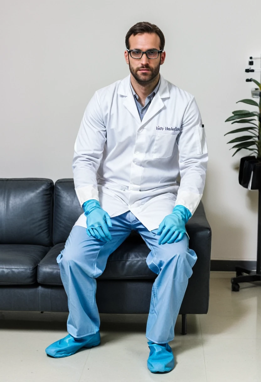 RAW photo, full body, a 35-year-old man, ((dressed as a Lab Technician)), is sitting on a guest sofa, looking towards the audience, wearing shoes, with both hands forward on his knees, straight forward position, wearing laboratory gloves, laboratory glasses, holding laboratory tools in his hands, 