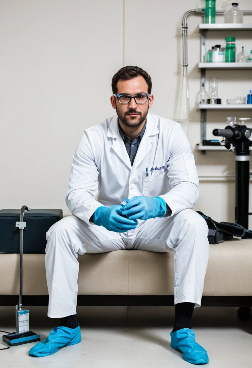 RAW photo, full body, a 35-year-old man, ((dressed as a Lab Technician)), is sitting on a guest sofa, looking towards the audience, wearing shoes, with both hands forward on his knees, straight forward position, wearing laboratory gloves, laboratory glasses, holding laboratory tools in his hands, 