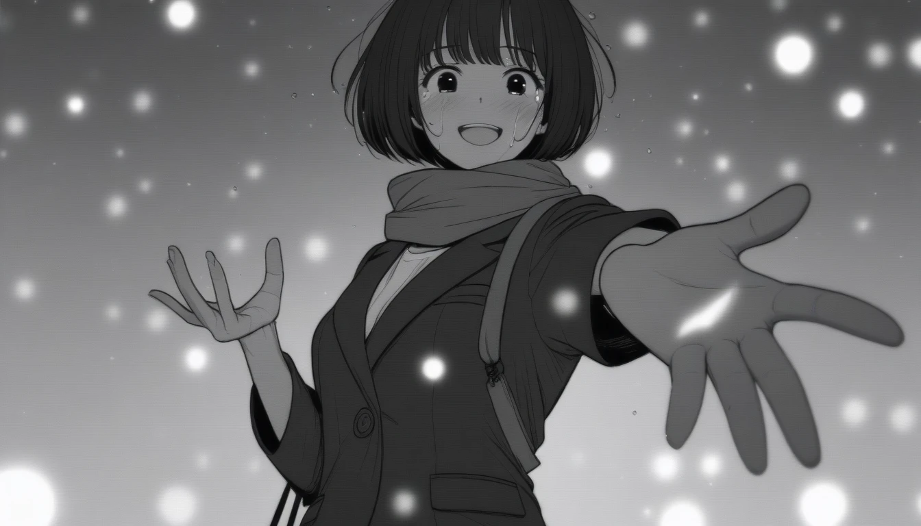 masterpiece, best quality, 1girl, mamerakkkkko, grayscale, manga style, japanese, chi no wadachi, black eyes, street, iced, black hair, schoolbag, smile, lineart, black coat, black scarf, black pleated skirt, leggins, centered, adult female:1.4, tall, fair skinned, bokeh background, crying, tears, tears streaming, bob cut, light particles, centered, snowing, (((reaching out left hand to viewer, perfect hand, detailed hand:1.1)), emotional anime scene, (center focus, mobile adapted)

