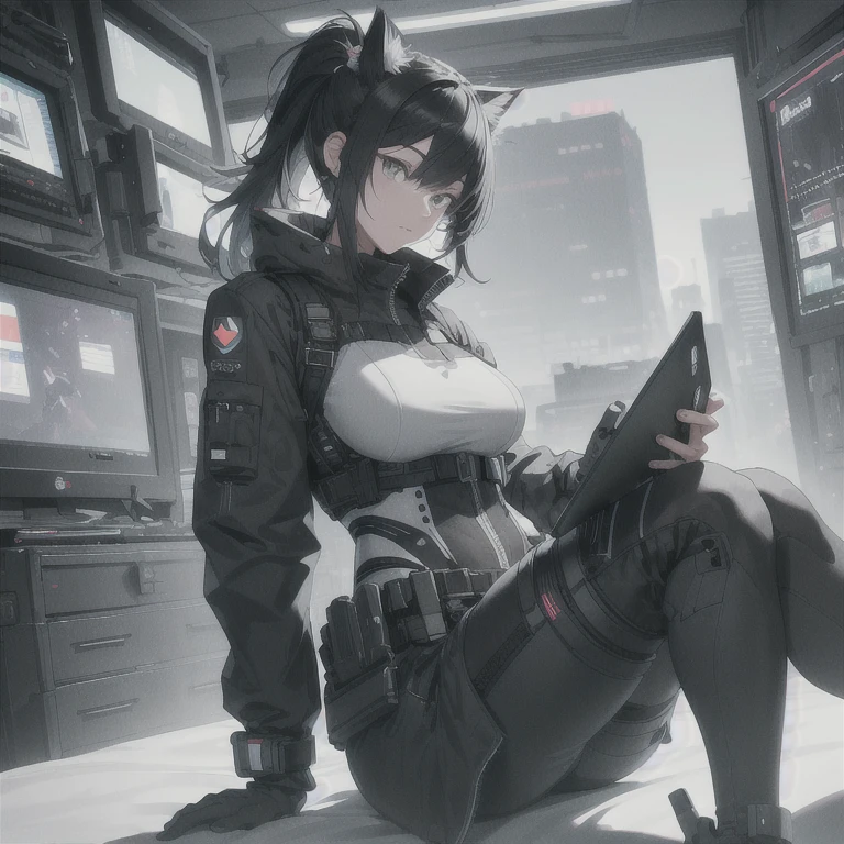 Absurd resolution, high resolution, (masterpiece: 1.4), hyper-detail, full body shot, solo, 1 kemono feline cat woman, black hair, messy ponytail, cute face, detailed soft grey eyes, extremely large bust, huge massive hyper super swollen breasts, wide full hips, narrower torso, smaller torso, full thicc soft thighs, rounded full soft butt, monochrome black and grey fullbody covering protective padding pilot rugged utility suit with white chest, scifi padded rugged high collar techwear jacket with white and black triangular decals and techwear iconography, techwear gloves, arm mounted strapped display scifi tablet/communication device/computer, rugged tablet display mounted on MOLLE strap on top of her bust, ruggedized computer tablet mounted above her breasts, screen display mounted on top of her chest, ruggedized tech, ruggedized tech aesthetic, fitted utility pants, near future scifi, cyberpunk aesthetic, anime aesthetic