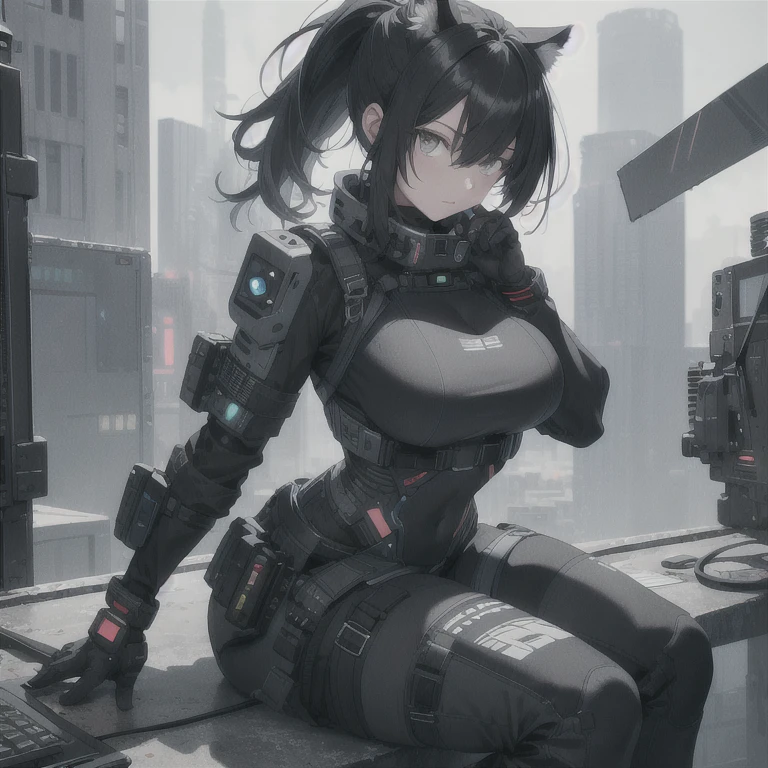Absurd resolution, high resolution, (masterpiece: 1.4), hyper-detail, full body shot, solo, 1 kemono feline cat woman, black hair, messy ponytail, cute face, detailed soft grey eyes, extremely large bust, huge massive hyper super swollen breasts, wide full hips, narrower torso, smaller torso, full thicc soft thighs, rounded full soft butt, monochrome black and grey fullbody covering protective padding pilot rugged utility suit with white chest, scifi padded rugged high collar techwear jacket with white and black triangular decals and techwear iconography, techwear gloves, arm mounted strapped display scifi tablet/communication device/computer, rugged tablet display mounted on MOLLE strap on top of her bust, ruggedized computer tablet mounted above her breasts, screen display mounted on top of her chest, ruggedized tech, ruggedized tech aesthetic, fitted utility pants, near future scifi, cyberpunk aesthetic, anime aesthetic