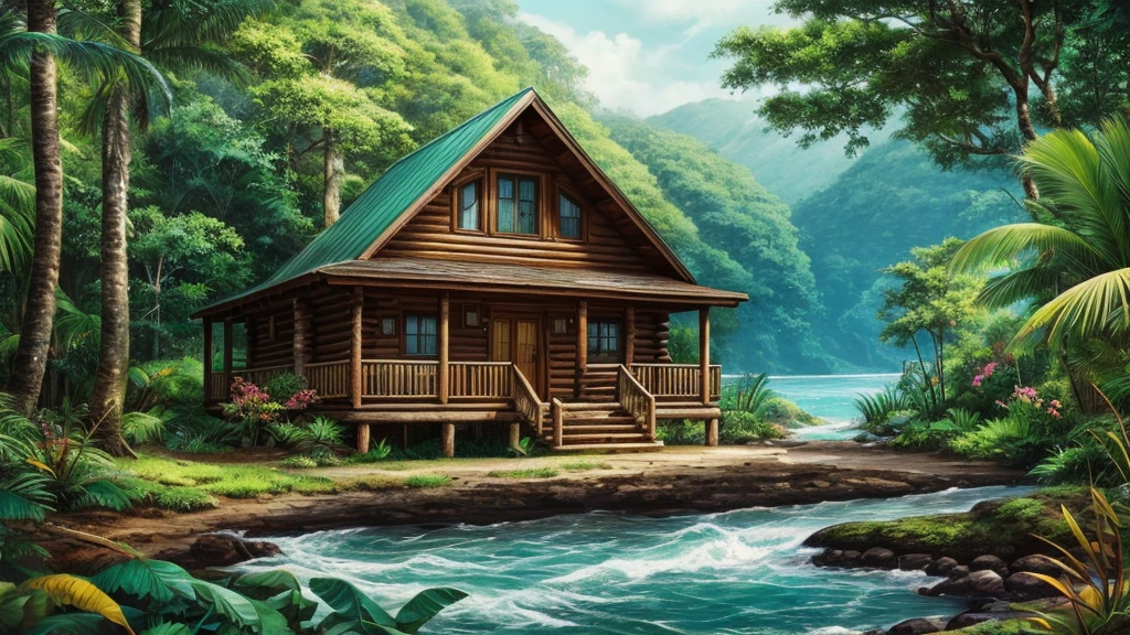 old humble cabin style, by the sea, official art, illustration,(((best quality))),((ultra-detailed)), Real film style, nature, jungle, scenery
