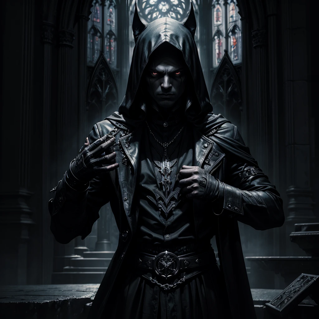 a dark assassin approaching the camera with open hands as if to strangle someone, gothic cathedral interior, dramatic lighting, high contrast, moody atmosphere, cinematic composition, dark colors, sinister energy, extreme detailed face and hands, hyper realistic, photorealistic, 8k, masterpiece