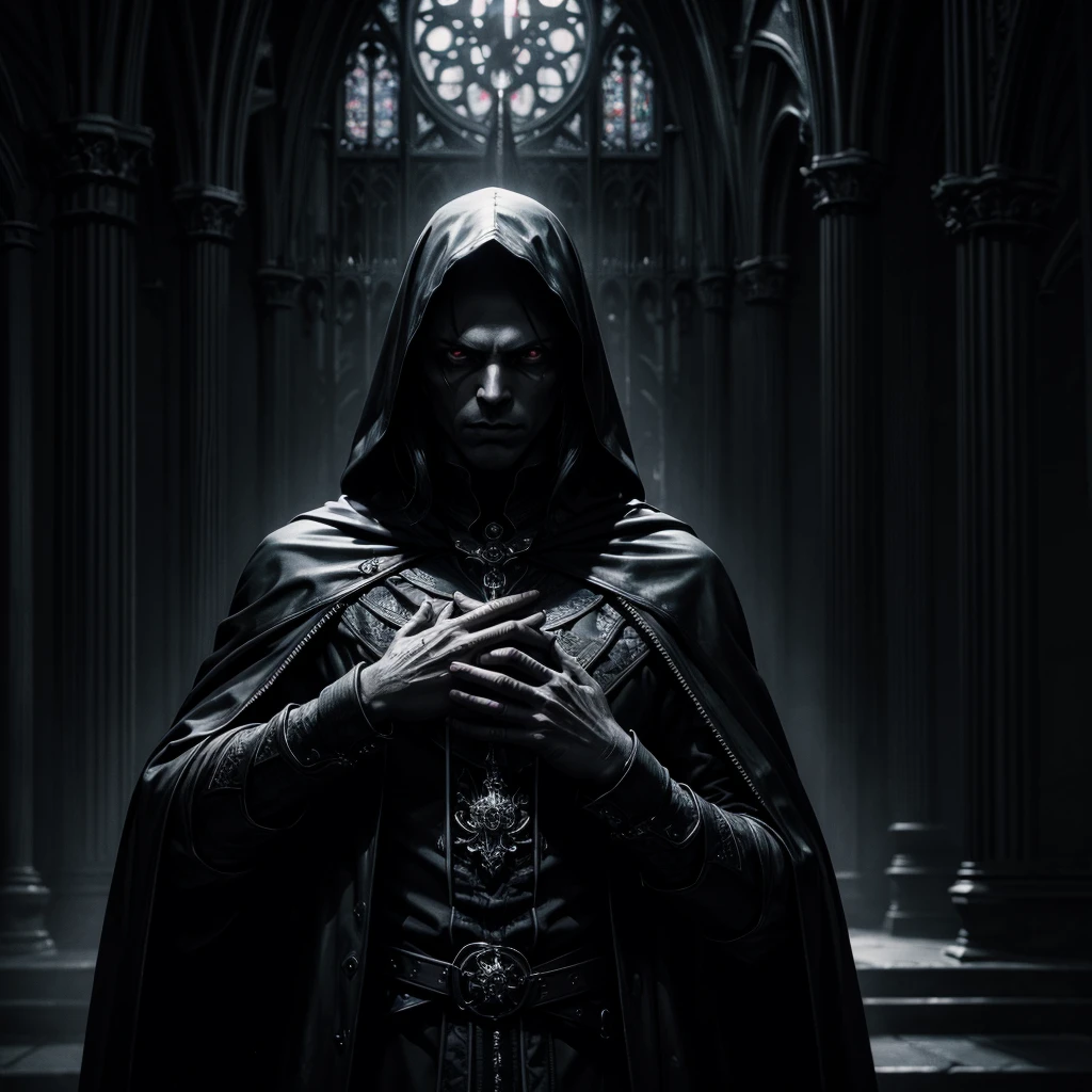 a dark assassin approaching the camera with open hands as if to strangle someone, gothic cathedral interior, dramatic lighting, high contrast, moody atmosphere, cinematic composition, dark colors, sinister energy, extreme detailed face and hands, hyper realistic, photorealistic, 8k, masterpiece