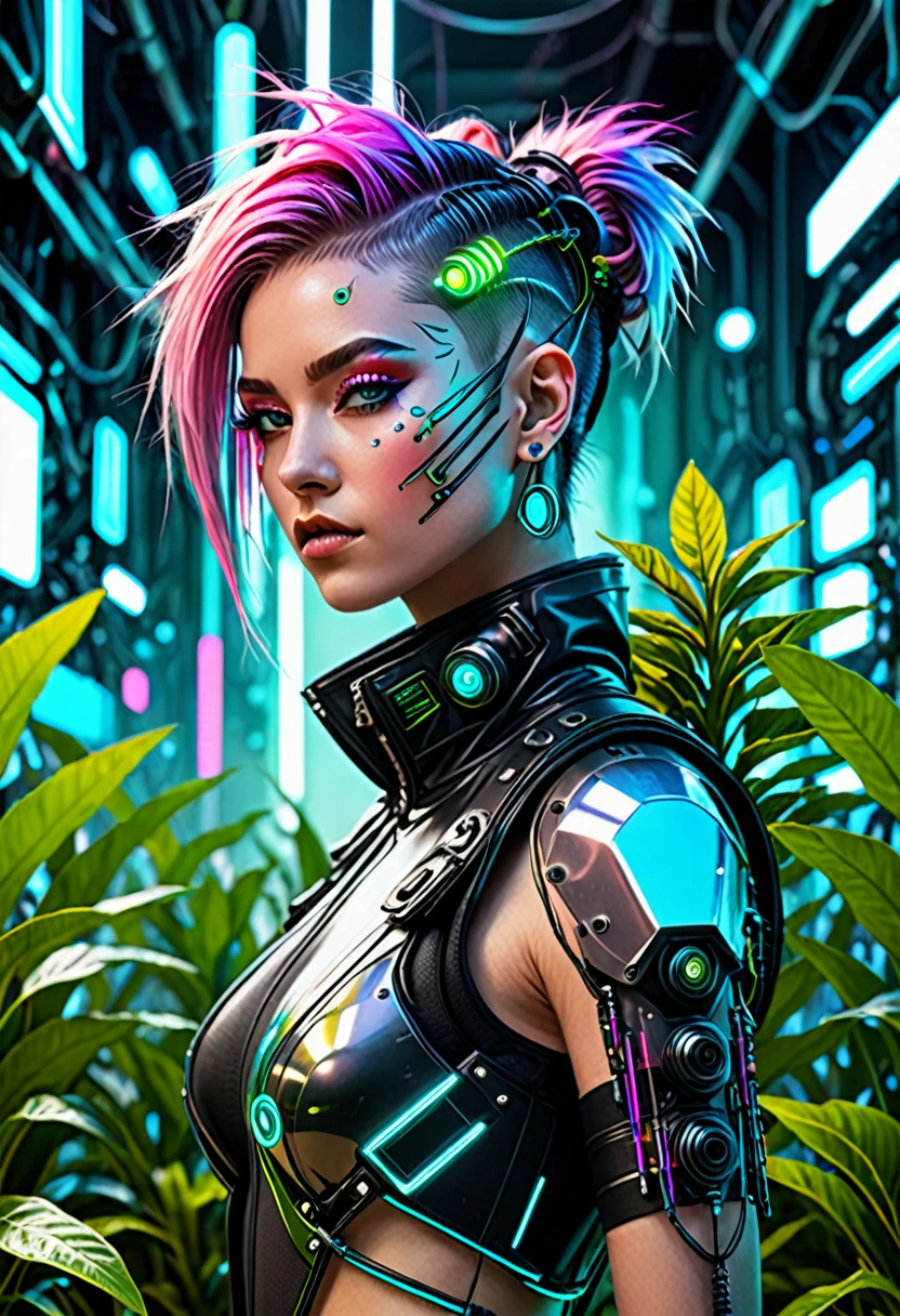 Cyber-Punk girl, dytopian vibes, with aspects of plants and nature