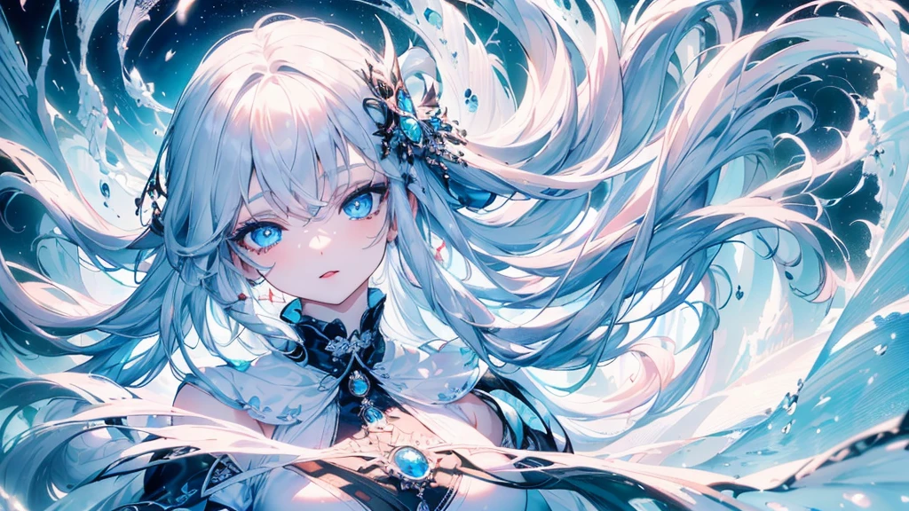 4K quality:1.2,1girl,sense of deps,disorganized,catch light,Super beautiful illustration,((White,long hairstyles:1.3)),dark dark eyeshadow,(((4k,super beautiful,In detail,blue eyes))),bright red lipstick,gothic ta,;D,beautiful and delicate hair