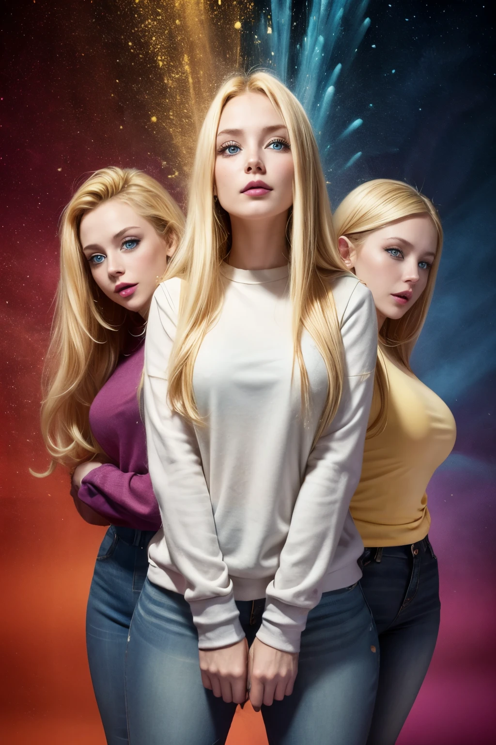 Cute identical triplet women blue eyes blond hair wearing a blouse and jeans thick thighs lift and sweatshirt explosive blonde on red green and blue background