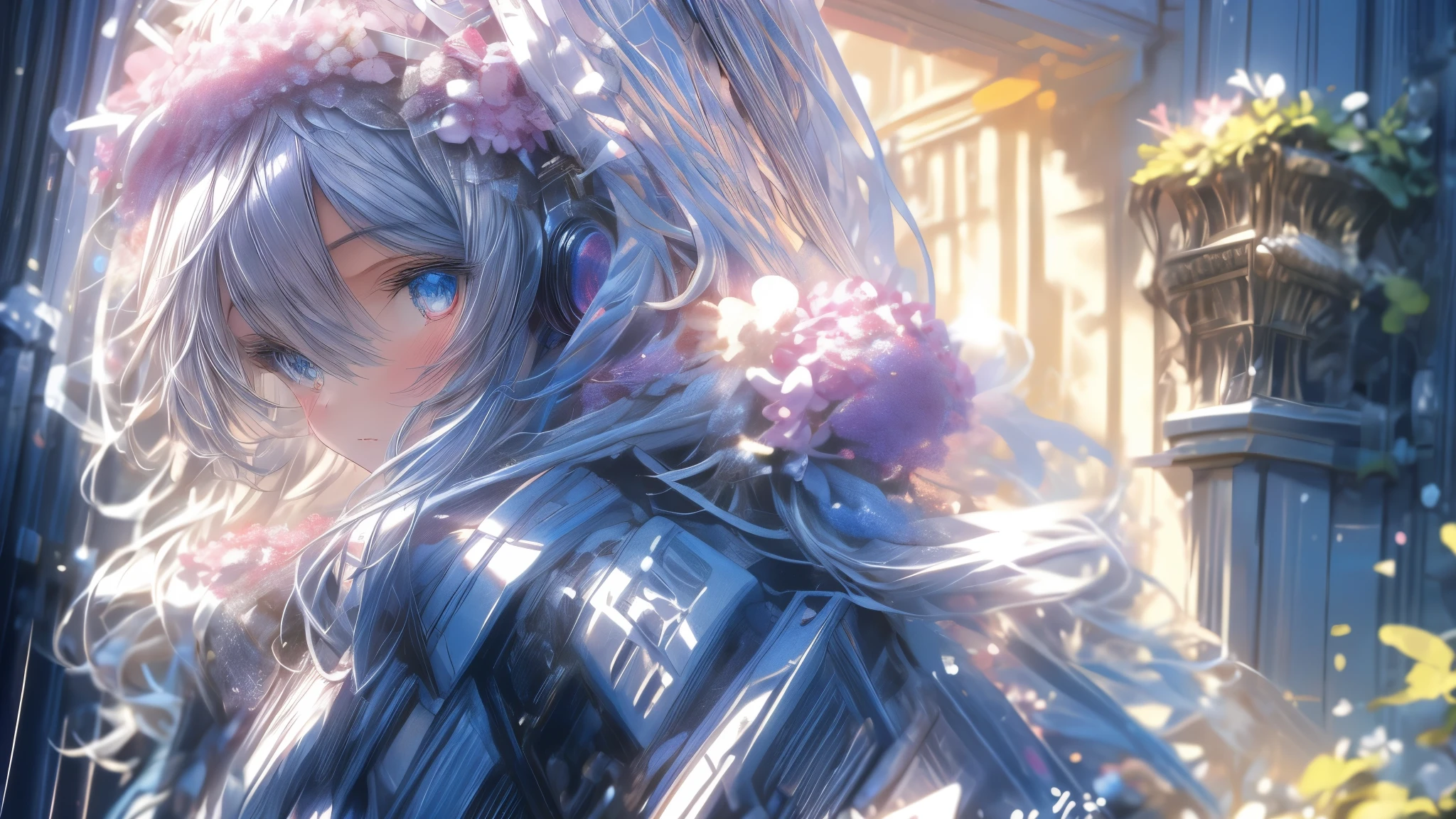 (Masterpiece), (Best Quality), (ultra detailed),(disheveled hair),(illustration), (1 girl), (fashion clothes), standing, model, looking at the viewer, (interview), (simple background),Beautiful detailed eyes, delicate beautiful face, floating,(high saturation),(colorful splashes),colorful bubble,(bright), focus on face, Ayaka Kamisato, light blue fur, hits, hair ring, floating flowers, floating hairs.girl, anime waifu, looking at the viewer, Very detailed, transparent reflections iridescent colors, wide transparent iridescent RGB hair, art of Serafleur from artstation, thick acrylic,illustration on pixiv, portrait from the waist up, beautiful sacred girl, Best Quality, ultra detailed,sad,intelligent,beautiful face , beautiful light black background, Character style represented by Octane,
