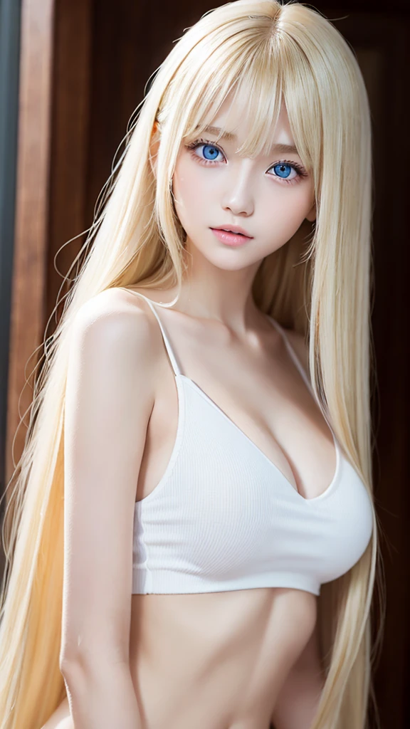 Beautiful super long straight hair、Bright blonde girl posing in white top、long bangs that extend to the eyes and nose、fair skin with glossy skin、Real life girls、 girl、Beautiful platinum blonde girl shining in stunning gold color、Beautiful big blue eyes, big breast,
