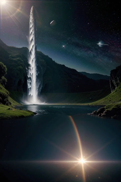 You are on a mysterious planet where the rings of Saturn and the pale outlines of other planets are clearly visible in the sky.. Imagine the world in your mind, where are the plants, unlike any you know, smoothly swaying in a light breeze. A huge diamond ridge stretches beyond the horizon, the glare of light of which creates magical games of reflections. An amazing waterfall is visible ahead, which sparkles with colorful splashes, like a rainbow flowing down a cascade. There are crystal clear lakes on green hills, whose water is so clear, which reflects not only celestial bodies, but also your reflection, as if you have become part of this amazing world.