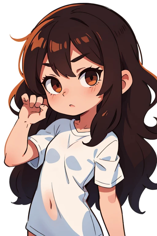 Chibi Girl, in a long white T-shirt, dark brown long curly hair, on a white background, holds on to his shoulder with one hand