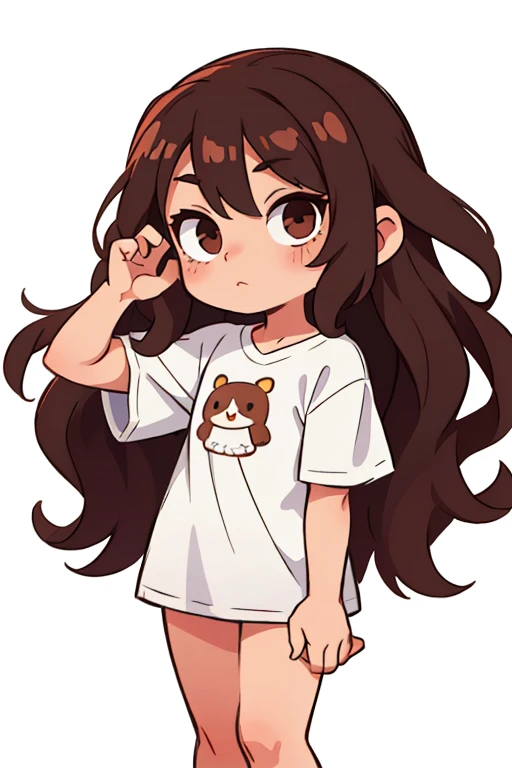 Chibi Girl, in a long white T-shirt, dark brown long curly hair, on a white background, holds on to his shoulder with one hand