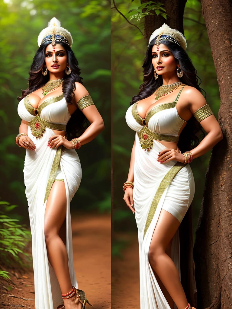 Indian Goddess, Goddess of forest, beautiful model, 35 year old gorgeous women, big breasts, big cleavage, gorgeous goddess. extremely high detail, ultra realistic, full body picture, photograph from head to toe, full body view, lower body and legs visible, ((seductive)), seductive pose, straight to the camera, looking seductive, wearing seductive transparent white dress