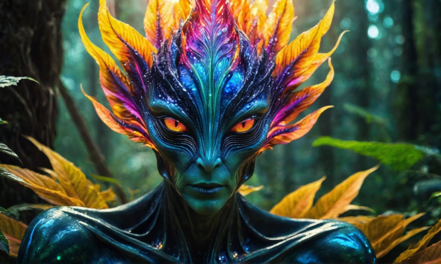 (best quality,4k,highres,masterpiece:1.2),ultra-detailed,realistic,portrait,alien,fire magic plant,unbelievable eyes,fantasy creature,glowing colors,luminous plant,extraterrestrial,flame-like leaves,surreal landscape,eerie atmosphere,otherworldly beauty,ethereal glow,unique species,magical powers,mysterious entity,dreamlike scene,fantastic species,enchanted forest,unearthly presence,mesmerizing gaze,unconventional appearance,radiant energy,powerful aura,magical essence,cosmic being,other-dimensional,mythical plant,unexplained phenomenon,colorful blooms,unleashing power,darkness and light,hidden secrets,unveiling mysteries,secrets of the universe,living masterpiece,manifestation of magic,Mestichino,Light particles,marble leather ,ink photography 