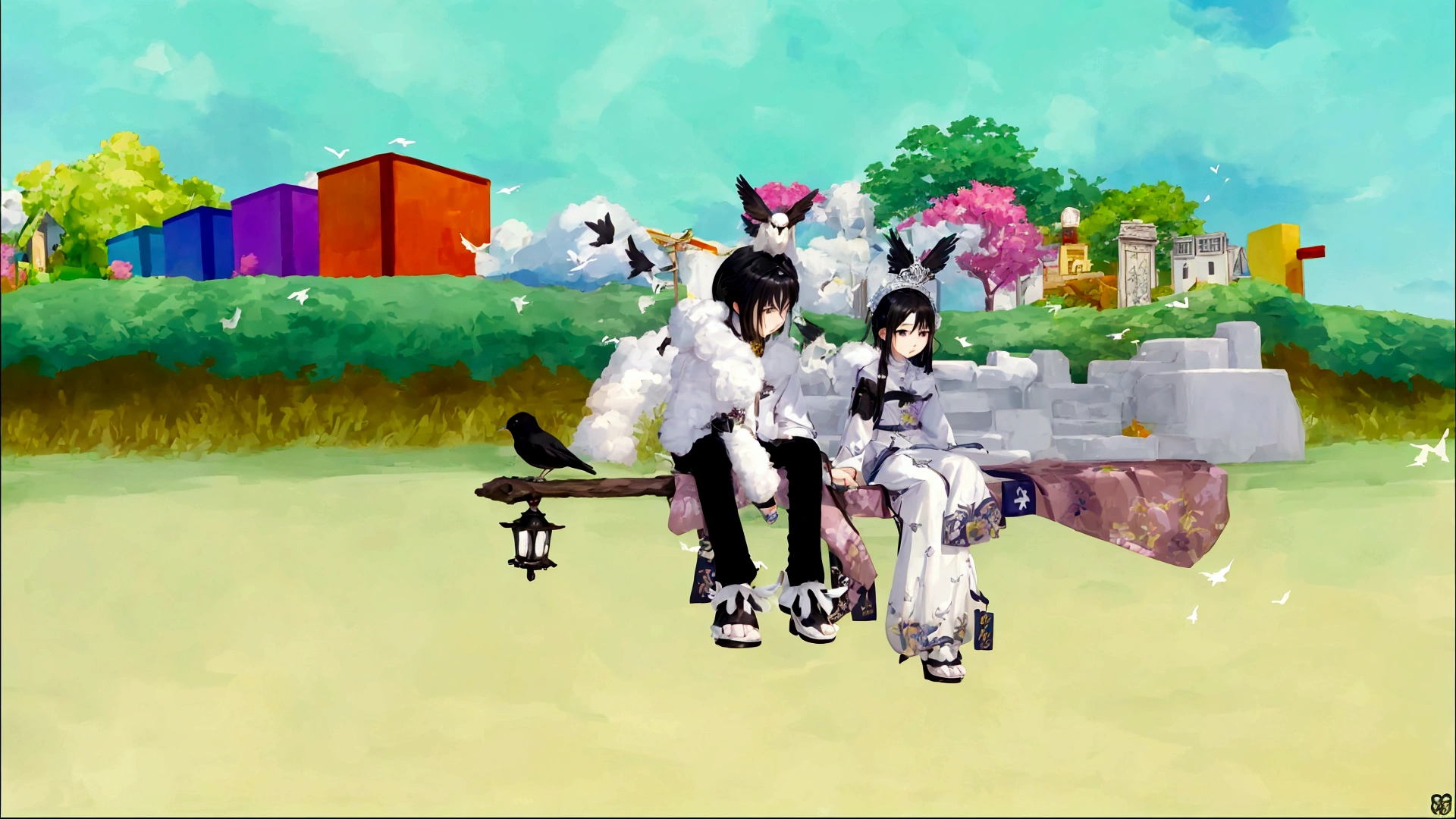 Anime character sitting on a bench in a field with birds, Sitting in fluffy clouds, sheep, <MMORPGS Scene, Niksu and Sakimichan, sitting on a throne of ice, WeChat, style of Maple's story, อวตารsecond life, Maple's story, second life, white background : 3, sitting on obsidian throne, arcane style!!!!!
