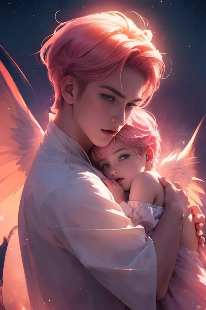 ((Best quality)), ((masterpiece)), 8k (detailed), ((perfect face)) ((halfbody)), perfect proporcions, he is a beautiful angel, he is 18 years old, he has short pink hair, angel wings, he is beautiful, he hugs , night background, ((perfect face)) ((vampire ambience))