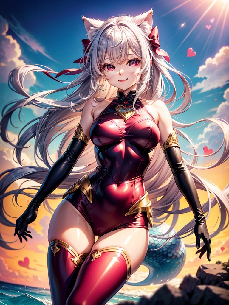 Silver hair, pink eyes, woman, sun and cloud background, red and gold clothes, hair bows, happy face, mermaid outfit, sexy, cat ears, hearts, floating hearts, thigh up, thigh high tights