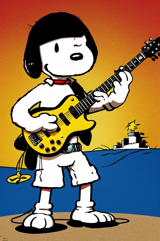 Snoopy playing rock with electric guitar