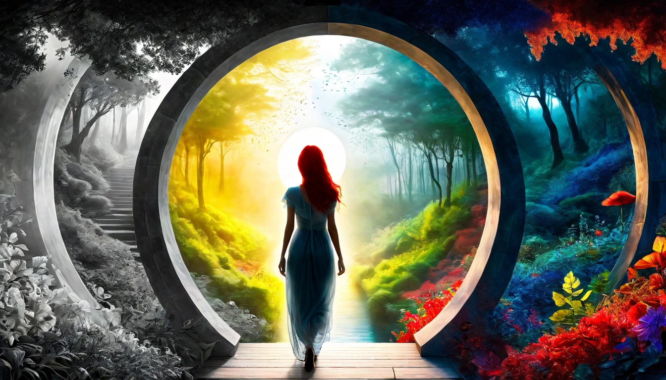 hdr, 12k, A masterpiece. The artwork captures the striking silhouette of a beautiful woman, red hair, composed, staircase that leads to a portal, magical to another dimension, the universe is inside the portal. Mysterious forest forests, the artist's imaginative vision create an otherworldly atmosphere. Seine realistic, sharp, colorful flowers