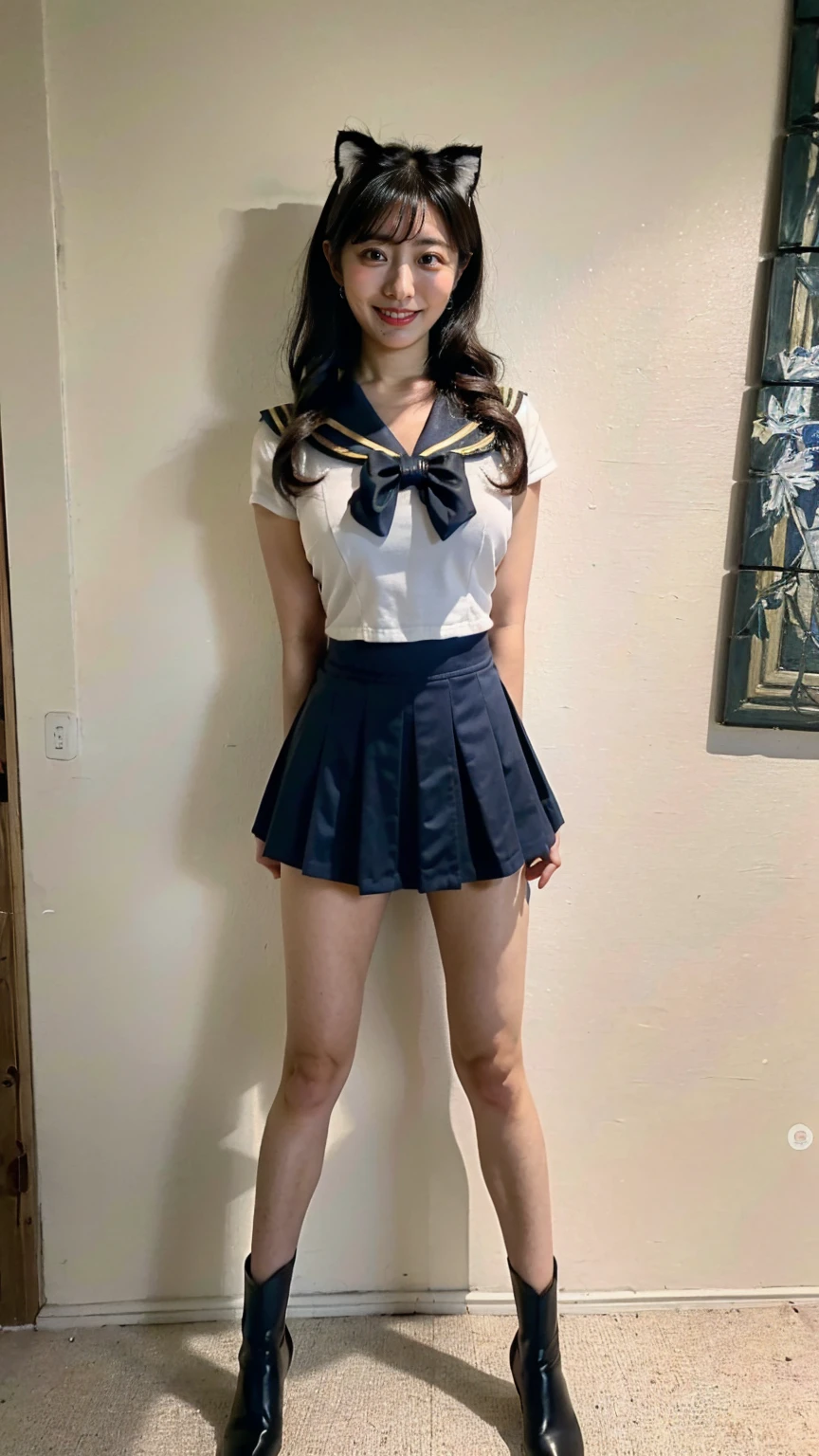 (8K、RAW Photos、Highest quality、masterpiece:1.2)、(Realistic、Realistic)、1 girl、((Sailor Warrior Outfits:1.5、With pubic hair、Large Breasts、Full body from the front、Standing with hands behind back、))、Lots of eyelashes、Glowing eyelids、skeletally correct、smile、This photo will awaken boys to sex